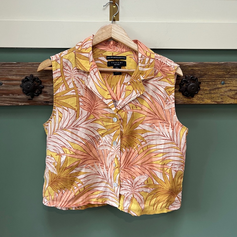 Tahari Womens Yellow Tropical Palm Print 100% Linen Sleeveless Button Down Top M